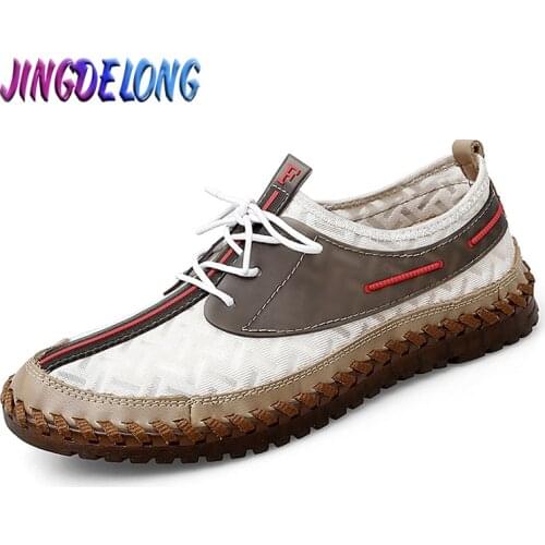 Hot Sale Mens Shoes Leather Breathable Mesh Mens Sneakers Brand High Quality Denim Genuine Leather Shoes Outdoor Moccasins New