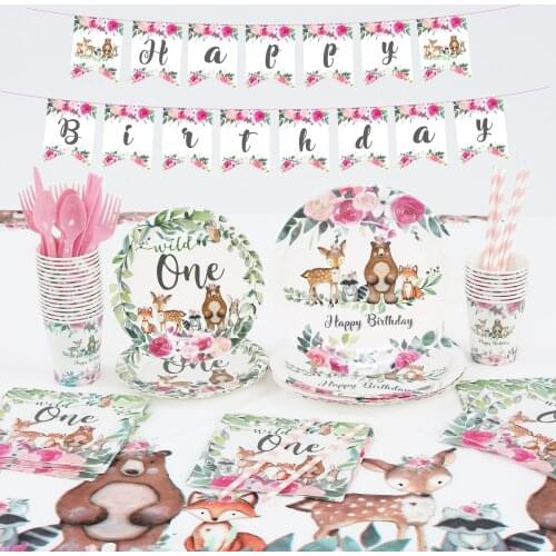 Wild One Birthday Party Decorations Jungle Animal Tableware Set Girl Pink Forest Safari Party Favor Plates Cups Decor Supplies