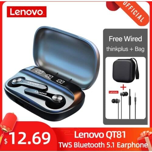 Lenovo QT81 Bluetooth 5.1 Headphone Wireless Earphone Stereo Sound Headset Touch Button with 1200mAh Charging Case Mobile power