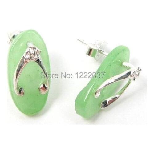 New 15X8mm Natural Green jade stone 925 Sterling Silver Post Earrings W/ Flip Flop Design