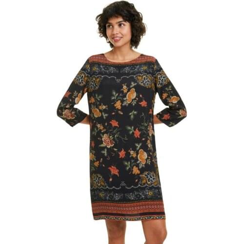 Spanish Viscose Slim Llining Skin Color Retro Floral Positioning Print 3 / 4 Sleeve Dress