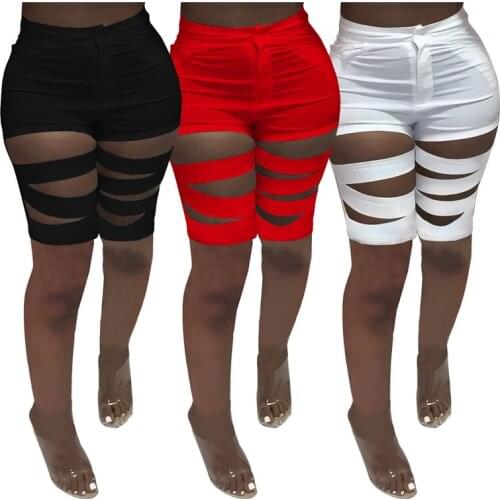 Cutubly Hollow Out Shorts Streetwear Solid High Waisted Shorts Ladies Casual Knee Length Pencil Short Pants Slim Fit Irregular