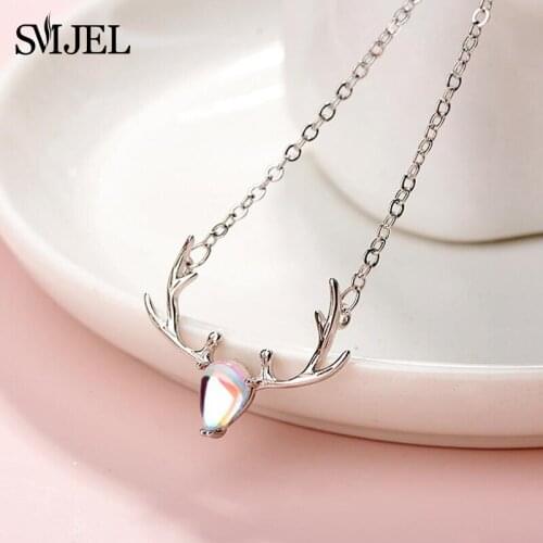 SMJEL Vintage Elk Deer Head Pendants & Necklaces Female Moonstone Necklace Choker Clavicle Jewelry New Year Gifts
