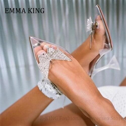 Spring Women Butterfly Crystal Embellished Pumps PVC Transparent Heel Pumps Sandals Pointed Toe Wedding Party Summer Shoes Women