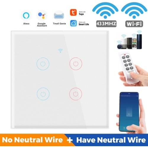 TUYA WiFi Smart Touch Switch 1/2/3/4 Gang 110-250V Smart Life Wall Button Smart Light Switch Alexa Google Smart Home Assistant