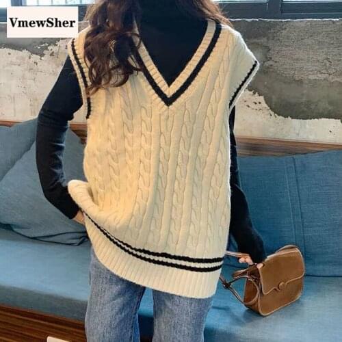 VmewSher New Sweater Vest Autumn Women New Striped Color Block Loose Pullover Preppy Style Sleeveless V Neck Jumper Knitted Top