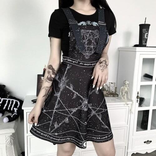 Dark New Printed Strappy Skirt Adjustable Shoulder-strap Princess Skirt High Waist Thin Punk Skirt, Dress Summer 2020