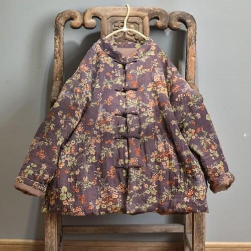 Women Loose Chinese Style Printed Parkas Outerwear Cotton Linen Coat Female 2020 Winter Padded Coat Female Vintage Coat