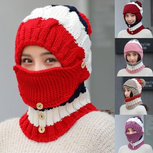 Women Winter Thick Knitted Beanie Cap Warm Neck Gaiter Outdoor Hat Scarf Set Female Winter Thick Warm Knitted Wool Cycling Caps