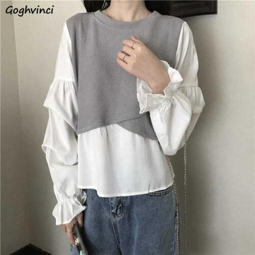 Shirts Women Spring Autumn Fake Two Piece Loose Korean Style Flare Sleeve Patchwork Female Streetwear Design O-neck Tide Tops