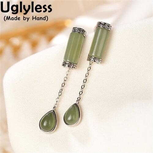 Uglyless Detachable Dual-use Gemstones Earrings for Women Cylindrical Water Drop Hotan Jade Studs Earrings 925 Silver Brincos