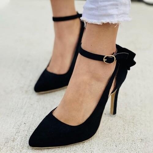 2021 Women Pointed Toe Pumps Bowknot Ankle Strap Buckle High Thin Heel Big Size Shoes Sexy Spring Ladies Party Wedding Footwear