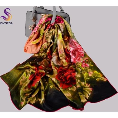 [BYSIFA] New Chinese Peony Long Scarves Women 2020 New 100% Pure Silk Scarf Shawl Fashion Brand Winter Black Green Rose Scarves