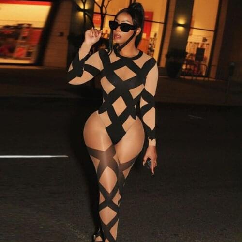 2021 Cross Striped Two Piece Set Women Long Sleeve Bodysuit Elastic Leggings Mesh See Through Midnight Clubwear Outfits