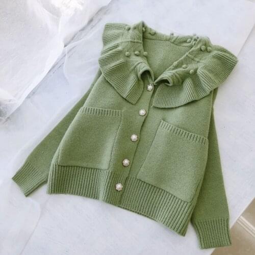Women Sweater Autumn Winter Cardigan Doll Collar New Sweet Wool Ball Polo Knit Work Temperament Solid Color