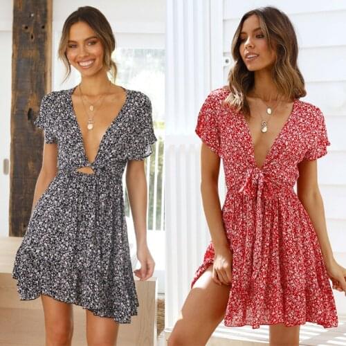 Women Boho Sexy Deep V-neck Summer Dress Fashion Casual Elegant Print Short Sleeve Mini Beach Party Mini Dresses Robe Femme