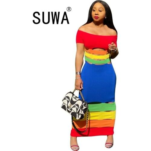 Rainbow Stripes Print Slash Collar Short Sleeve Bodycon Midi Women Dresses Summer 2021 Knitted Elegant Fashion Robe