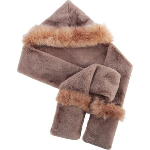 Winter 2 In 1 Hooded Long Scarf Hat Solid Color Fuzzy Earflap Cap Neck Warmer A0NF
