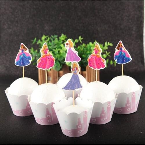 24pcs Princess Cupcake Cake Wrappers Toppers Baby Shower Kids Birthday Party Decoration Supplies
