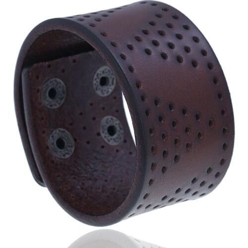 3.8cm Wide Wrap Bangle Brown Genuine Leather Material Simple Punching Hole Punk Men Bracelet Jewelry Geometric Cuff Jewelry