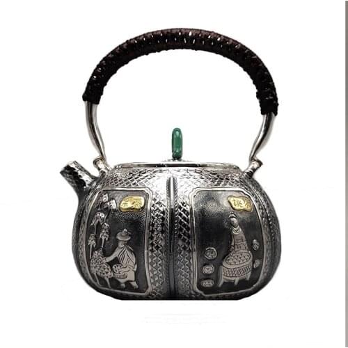Teapot, stainless steel teapot, silver teapot, iron teapot, hot water teapot, teapot 1100 ml water, kung fu tea set