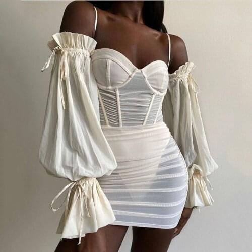 2021 Summer New Sexy All-Match Lantern Sleeve Tube Top Halter See-Through Bag Hip Dress Womens Clothing White, Black SIZE SML