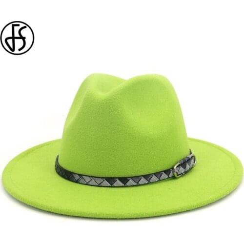 FS Lime Green White Wool Felt Fedora Wide Brim Hats For Women Men Gentleman Wedding Church Hat Black Red Pink Trilby Jazz Cap