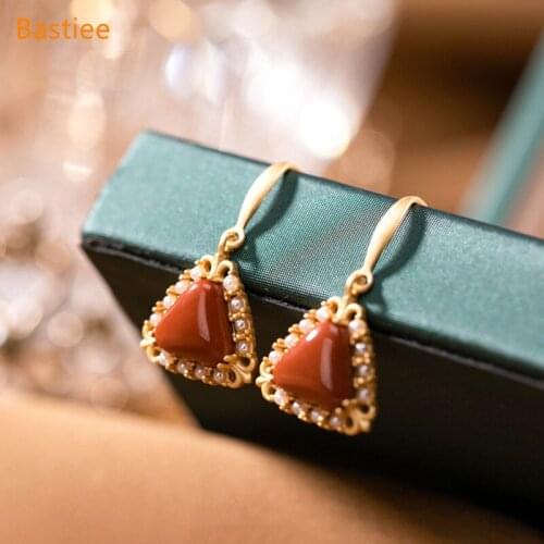Bastiee Geometric Korean Earrings Earrings Silver 925 Jewelry For Women Red Agate Golden Plated Long Earrings Vintage