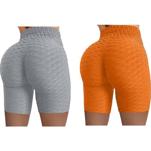 2PC Women Wrinkled High Waist Hip Stretch Solid Color Fitness Yoga Pants Shorts