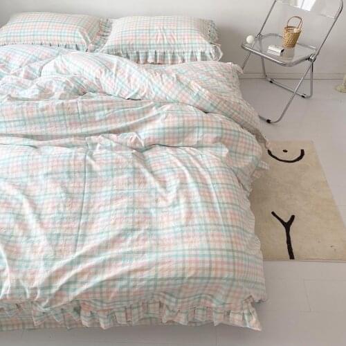 Plaid cotton bedding set large double bed with ruffles gentle lovely girl room decoration quilt cover set fitted sheet