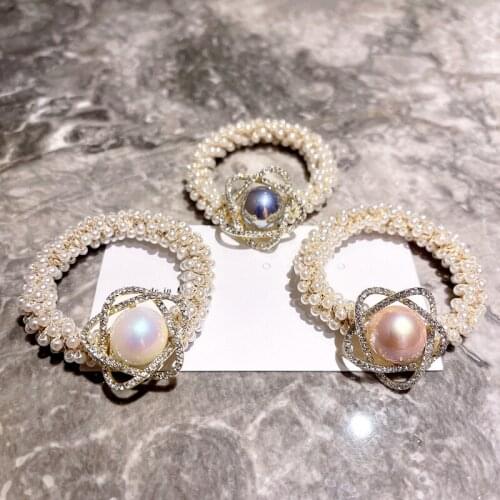 Korean Flower Designer Elastic Hair Ties for Women with Shell Pearl Crystal Rhinestone Hair Bands Women Girls Hair Accessories