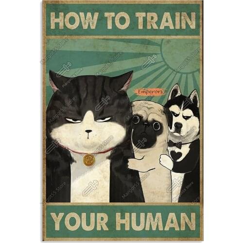 Cute Funny Pets Cats Dogs How to Train Your Human Yard Garden cafe bar club Farm Wall Decor Poster Metal Tin Sign 8x12 inches