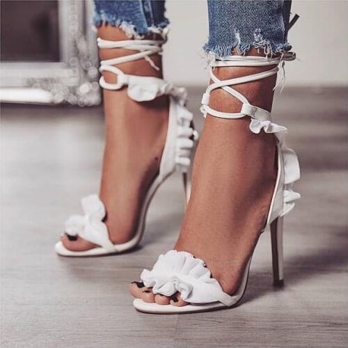 Sexy Women Pumps Bridal Shoes Woman High Heels Floral White Shoes Lace Up Peep Toe Ladies Sandals Classic Pumps 2020