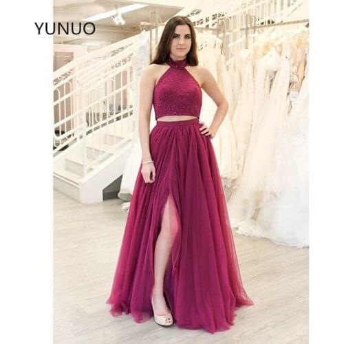 YUNUO Two Pieces Prom Party Dresses with Beaded Jersey Top Vestidos de fiesta A-line Evening Gowns Formal Chiffon Slit