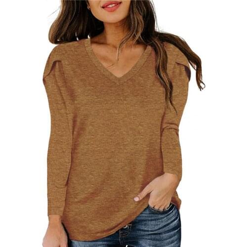 Casual Women T-Shirt Solid Color V Neck Loose Pullover Top Autumn 2021 Tee Shirts Petal Long Sleeve Slim Ladies Tshirt Office