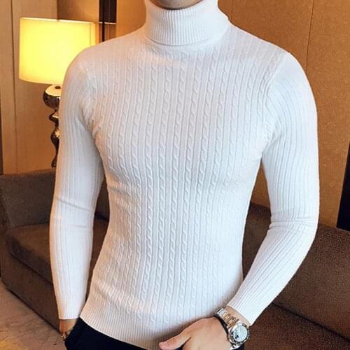 Casual Men Winter Solid Color Turtle Neck Long Sleeve Twist Knitted Slim Sweater