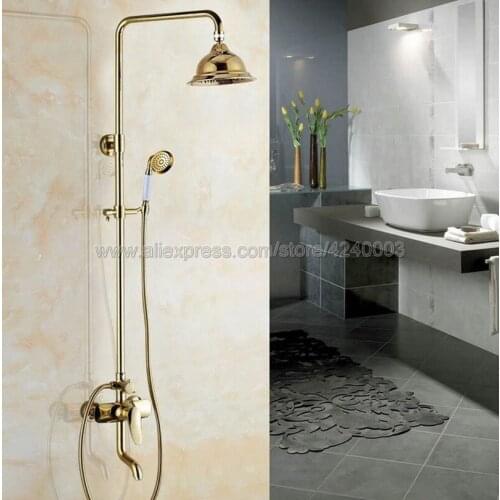 Luxury Gold Color Brass Wall Mounted Shower Faucet Bathroom Rainfall Shower System Set Faucet Tub With Handheld Sprayer Kgf316