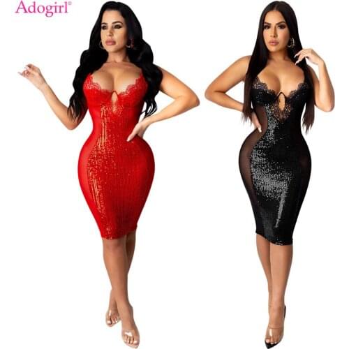 Adogirl Xmas Sexy Lace Sheer Mesh Patchwork Sequined Dress V Neck Spaghetti Straps Backless Bodycon Zip Vestidos Night Party
