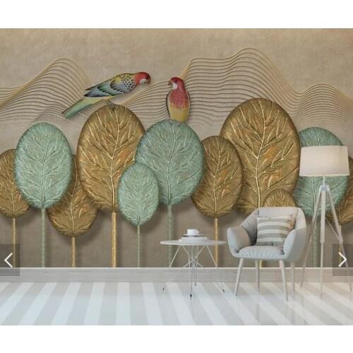 Hand Painted Gold Tree Leaf Parrot Wallpaper Mural Wall Decor Wall Paper Rolls 3D Wall Murals Contact Paper Customize