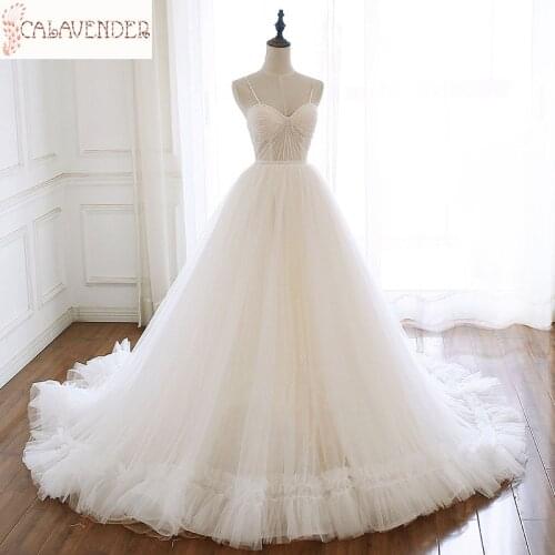 Spaghetti Straps Chic Boho Wedding Dress Ball Gown Beaded brautkleid vestido blanco Lace Up Back Ruffled Wedding Gowns