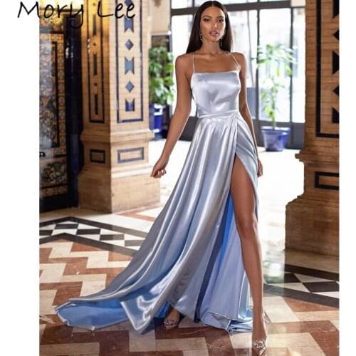 Sexy Evening Dresses Spaghetti Straps Floor Length Side Slit Satin Evening Dresses With Zipper Back vestidos de fiesta de noche