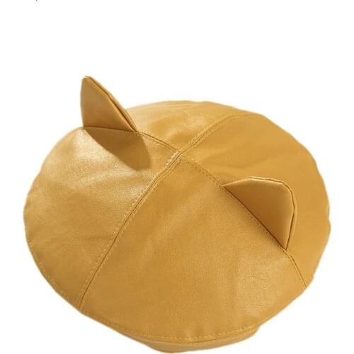 Japanese Women Girls Cute Cat Ears Beret Cap Faux Leather Solid Color Painter Student Adjustable Vintage Classic Octagonal Hat