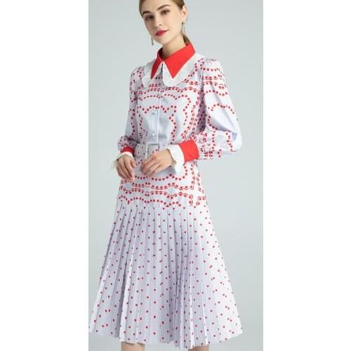 High quality womens summer polka dot pleated skirts and blouses long-sleeved shirt turn blue knee-length skirt womens elegant