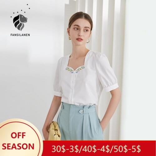 FANSILANEN Office Lady Puff Sleeve Square Neck White Shirt Women Summer Niche White Short Sleeve Embroidered Shirt Korean Tops