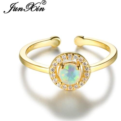 Rainbow Blue Purple White Fire Opal Rings For Women Yellow Rose Gold Round Birthstone Open Adjustable Thin Ring Band Wedding Cz