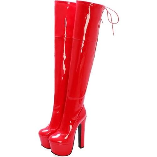 Womens High Boots Winter over-the-knee boots Female Platform PU Leather 17cm Heeled Red Black Long Fetish Shoes Lady Large Size