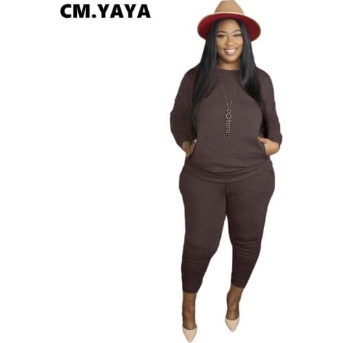 CM.YAYA Plus Size L-4XL Womens Set fashion Casual solid long sleeve long Length O-neck leisure suit 2 orders