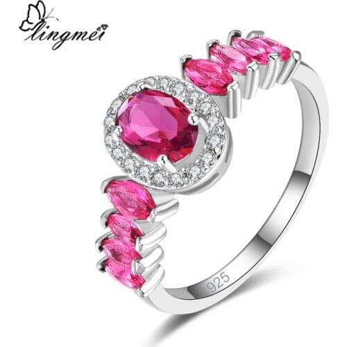 Lingmei Wedding Bridal Oval Cut Red & Blue & White Zircon Silver Color Ring Size 6-9 For Women Engagement Jewelry Valentine Day