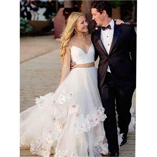 Cheap Beach 2 Pieces Wedding Dress 2020 Flowers Spaghetti Straps Appliques Sexy Bride Dress Backless Vestido De Novia Fairy
