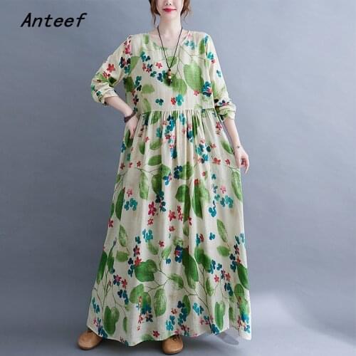 Anteef long sleeve cotton vintage floral dresses for women casual loose woman summer spring autumn dress elegant clothing 2021